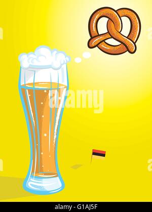 vector illustration of beer thinking of pretzel with German flag on yellow background Stock Vector