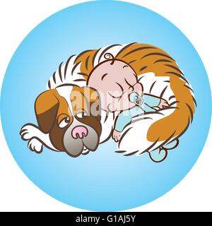 vector illustration of a baby boy sleeping with saint bernard dog on blue background Stock Vector