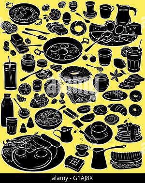 Vector illustration of breakfast collection in silhouette mode on yellow background Stock Vector