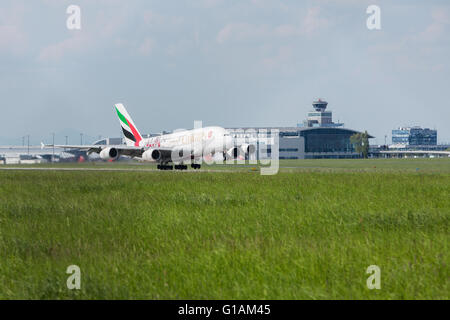 PRAGUE, CZ - MAY 10: Emirates Airbus A380 Superjumbo in Airport Vaclava Havla in Prague, May 10, 2016 PRAGUE, CZECH REPUBLIC. Stock Photo