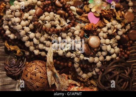 Wooden ethnic necklaces and bracelets closeup Stock Photo