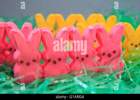 Colored Easter Peeps on plastic grass Stock Photo