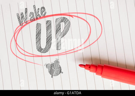 Wake up memo with a red brushed circle and an alarm clock Stock Photo