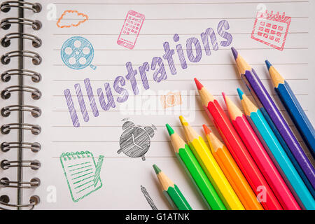 Illustrations in colors on linear paper with pencils Stock Photo
