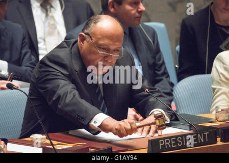 UN Headquarters, New York, USA. 11th May, 2016. Egyptian Foreign Minister Sameh Shoukry presides over the Council session. Presided over by Egyptian Foreign Minister Sameh Shoukry, the United Nations Security Council held a special thematic debate on cyber-security, cyber-terrorism and confronting Islamic extremism through private-public partnerships, at UN Headquarters where Council members were briefed by Microsoft VP and Deputy General Counsel Steven Crown, Secretary-General of the Al Azhar Islamic Research Academy Mohi El-Din Afifi and UN Deputy-Secretary-General Jan Eliasson. Stock Photo