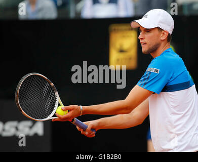 Rome, Italy. 12th May, 2016. Dominic Thiem of Austria  returns the ball during    3rd round    match of  the Italian Open tennis BNL2016  tournament against Roger Federer of Suisse    at the Foro Italico in Rome, Italy,  May 12, 2016 Credit:  agnfoto/Alamy Live News Stock Photo
