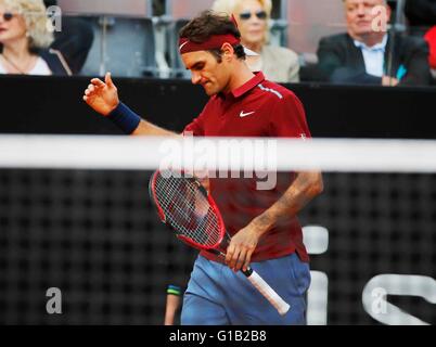 Rome, Italy. 12th May, 2016. Roger Federer of Suisse reacts during    3rd round    match of  the Italian Open tennis BNL2016  tournament against Dominic Thiem of Austria   at the Foro Italico in Rome, Italy,  May 12, 2016 Credit:  agnfoto/Alamy Live News Stock Photo