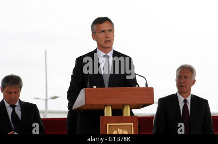 Deveselu, Bucharest. 12th May, 2016. NATO Secretary General Jens Stoltenberg speaks at a ceremony at Deveselu military base, southwest of Bucharest, Romania on May 12, 2016. The U.S. AEGIS Ashore missile defense system in Romania is certified for operations, NATO Secretary General Jens Stoltenberg announced Thursday. Credit:  Lin Huifen/Xinhua/Alamy Live News Stock Photo