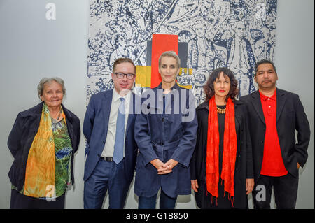 Sydney, Australia. 13th May, 2016. (L-R) Joyce Watson, Chief Executive Officer of Qantas Group, Alan Joyce, Susan Norrie, Judy Watson, Vernon Ah Kee pose for a photograph next to the artwork by the late Gordon Bennett (1955-2014), Possession Island (Abstraction), 1991 part of the Museum of Contemporary Art Australia (MCA), Qantas and Tate Joint Acquisition Program for contemporary Australian art. Credit:  Hugh Peterswald/Pacific Press/Alamy Live News Stock Photo