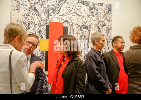 Sydney, Australia. 13th May, 2016. (L-R) Leanne Bennett, Chief Executive Officer of Qantas Group, Alan Joyce, Judy Watson, Susan Norrie, Vernon Ah Kee and Elizabeth Ann Macgregor OBE stand infront of the artwork by the late Gordon Bennett (1955-2014), Possession Island (Abstraction), 1991 part of the Museum of Contemporary Art Australia (MCA), Qantas and Tate Joint Acquisition Program for contemporary Australian art. Credit:  Hugh Peterswald/Pacific Press/Alamy Live News Stock Photo