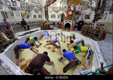 Iran, Isfahan Province, Isfahan, home of force (Zurkhaneh) where traditional Iranian national sport called Varzesh-e Pahlavani (Pahlevani and zoorkhaneh rituals) is practiced Stock Photo