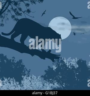 Silhouette view of panther on a tree against the moon at blue night, vector illustration Stock Vector