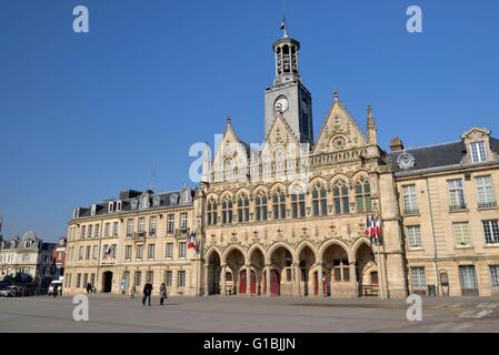 France, Aisne, Saint Quentin, place of the City Hall, city hall of Saint Quentin built from 1509 in the flamboyant Gothic style Stock Photo