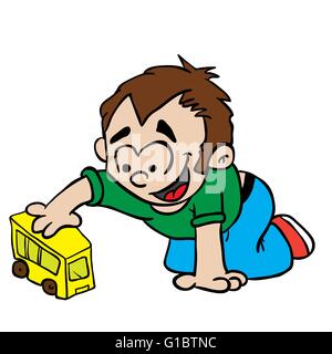 little boy playing with toy bus cartoon illustration Stock Vector