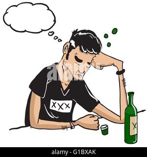 sad man with thought bubble drinking isolated on white cartoon illustration Stock Vector