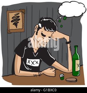 sad man with thought bubble drinking cartoon Stock Vector