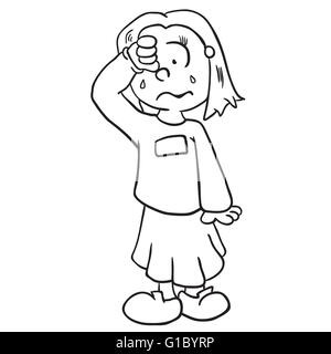 simple black and white little girl crying cartoon Stock Vector