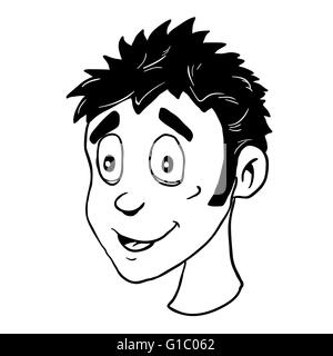 simple black and white smiling boy cartoon illustration Stock Vector