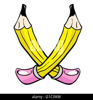 two yellow cartoon pencils doodle isolated on white Stock Vector