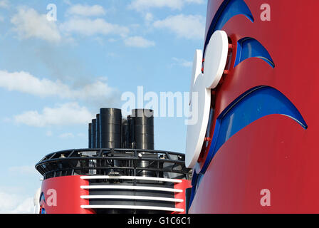 Close-up image of the smokestack of the Disney Dream cruise ship during a cruise between the United States and The Bahamas. Stock Photo