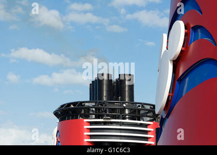 Close-up image of the smokestack of the Disney Dream cruise ship during a cruise between the United States and The Bahamas. Stock Photo