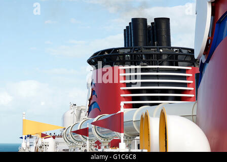 Close-up image of the smokestack of the Disney Dream cruise ship and AquaDuck during a cruise between the U.S. and The Bahamas. Stock Photo