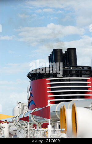 Close-up image of the smokestack of the Disney Dream cruise ship and AquaDuck during a cruise between the U.S. and The Bahamas. Stock Photo