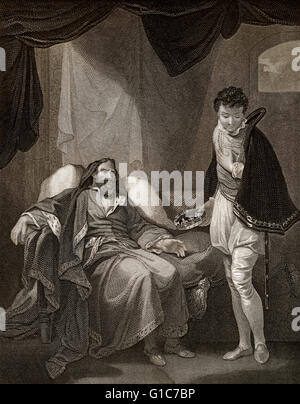 Henry IV, reproving Prince Henry, scene from King Henry IV part 2, act 4, scene 5, a history play by William Shakespeare Stock Photo