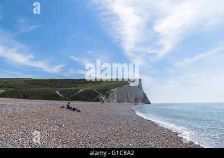 Looking East along the beach at Cuckmere Haven Stock Photo