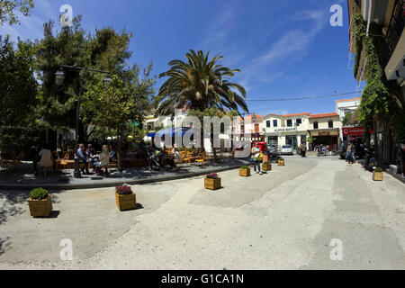 Myrina city centre coffee & pastry garden shops in 'OTE' & Banks' square (former Taxi square). Limnos or Lemnos island, Greece Stock Photo