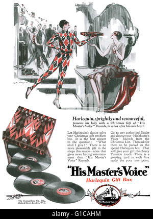 1928 UK advert for His Master's Voice Christmas Harlequin gift box. Stock Photo