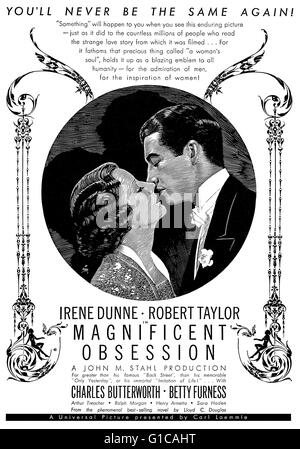 Black and white advertisement for the 1935 film Magnificent Obsession starring Irene Dunne and Robert Taylor, directed by Douglas Sirk Stock Photo