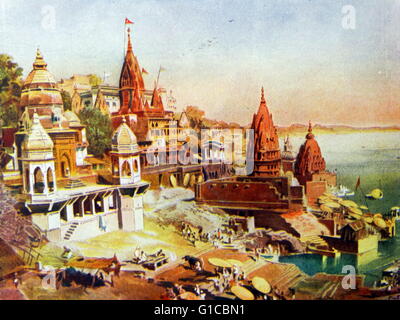 Painting depicting the sacred city of Varanasi and the River Ganges. Dated 18th Century Stock Photo