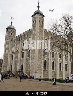 Views around the Tower of London, a historic castle located on the north bank of the River Thames in central London. Completed in the 14th Century. From the 12th Century until the 20th Century the castle was used as a prison. Dated 2015 Stock Photo