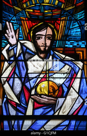 Holy Trinity Church. Geneva. Stained glass window. The risen Lord.  Switzerland. Stock Photo