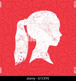 Little girl face profile silhouette with ponytail hairstyle in grunge texture paint over colorful red background, kid head Stock Vector