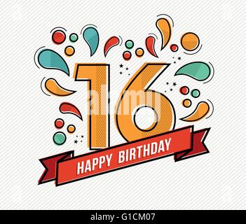 Happy birthday number 16, greeting card for sixteen year in modern flat line art with colorful geometric shapes. Stock Vector