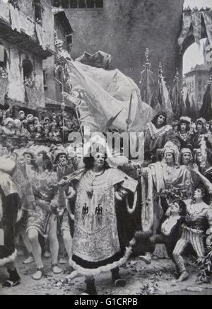 Painting depicting of the entrance of Prince of Vianna in Barcelona by Ramon Tusquets Maignon (1837-1904) Italian-Spanish painter. Dated 1885 Stock Photo