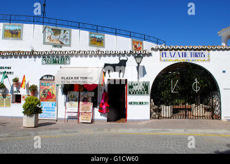 View of the bullring and entrance, built in 1900, Mijas, Malaga Province, Andalucia, Spain, Western Europe. Stock Photo