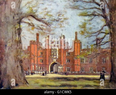 Coloured sketch of the Great Gateway of Hampton Court Palace, a royal palace in the London Borough of Richmond upon Thames, Greater London. Dated 20th Century Stock Photo