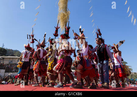 Performers from Laho village attending Chalo Loku Festival, Khonsa, Tirap District, Arunachal Pradesh, India. Stock Photo