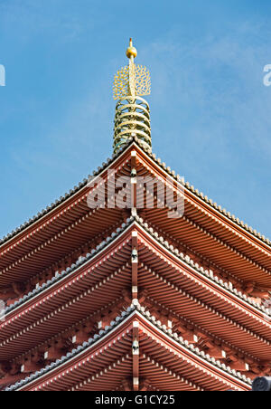 Low-angle view of roof of Five-storey Pagoda, Senso-ji Temple in Asakusa, Tokyo, Japan Stock Photo