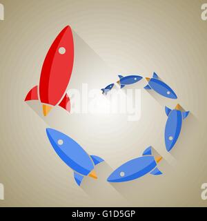 Blue and red rockets. Big red rocket in the front of line as leader of group. Vector retro design. Stock Vector