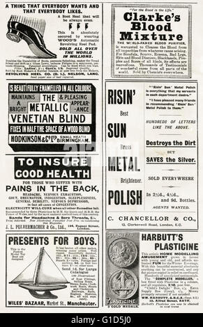 Original old vintage magazine adverts from the late Victorian era dated 1900. Advertisment advertising typical page of ads Stock Photo