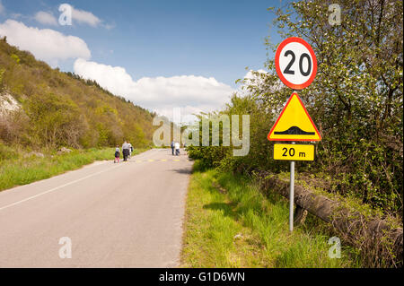 Speed bump and maximum limit of 20, road sign on the wayside in Janowiec village, speed humps traffic calming for reducing speed Stock Photo