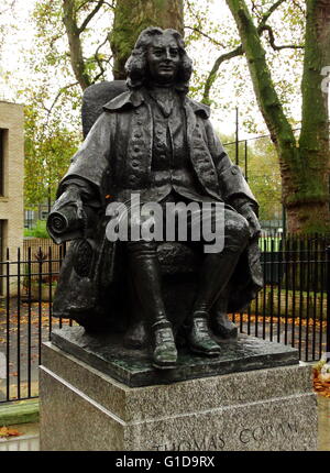 Statue of Thomas Coram, Brunswick Square, London by William McMillan, 1963. Captain Thomas Coram (c. 1668 – 29 March 1751) was a philanthropist who created the London Foundling Hospital in Lamb's Conduit Fields, Bloomsbury, London, to look after abandoned children. Stock Photo