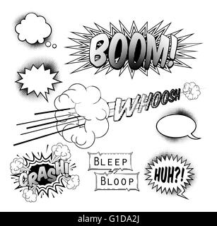 A set of black and white comic book pop art graphic design elements, speech bubbles and sound effects Stock Photo
