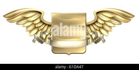 A winged metal shield heraldic heraldry coat of arms design with a banner scroll Stock Photo