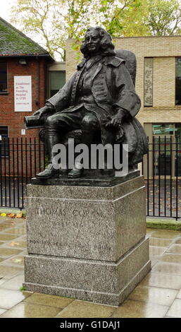 Statue of Thomas Coram, Brunswick Square, London by William McMillan, 1963. Captain Thomas Coram (c. 1668 – 29 March 1751) was a philanthropist who created the London Foundling Hospital in Lamb's Conduit Fields, Bloomsbury, London, to look after abandoned children. Stock Photo