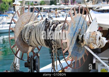 Detail of fishing cable drum on a trawler boat Stock Photo